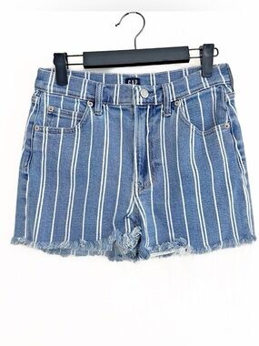 Gap Striped Button Fly High Rise Denim Mom Jean Shorts Sz 2 26 Nautical Coastal
